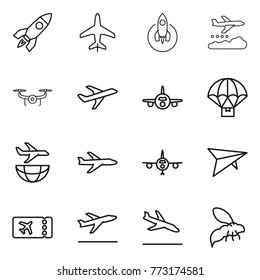 Thin line icon set : rocket, plane, weather management, drone, parachute delivery, shipping, deltaplane, ticket, departure, arrival, wasp