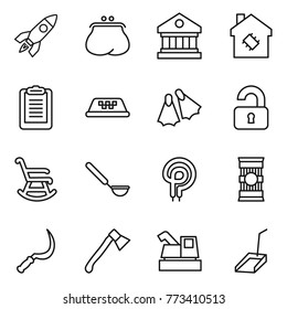 Thin line icon set : rocket, purse, library, smart house, clipboard, taxi, flippers, unlocked, rocking chair, ladle, elecric oven, pasta, sickle, axe, harvester, scoop