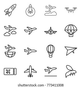 Thin line icon set : rocket, weather management, drone, journey, plane, parachute delivery, shipping, air ballon, deltaplane, ticket, airplane, departure, wasp