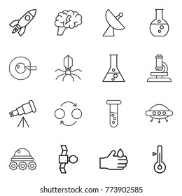 Thin line icon set : rocket, brain, satellite antenna, round flask, cell corection, virus, microscope, telescope, quantum bond, vial, ufo, lunar rover, acid, thermometer