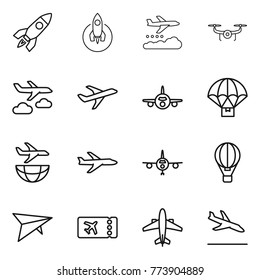 Thin line icon set : rocket, weather management, drone, journey, plane, parachute delivery, shipping, air ballon, deltaplane, ticket, airplane, arrival