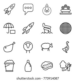 Thin line icon set : rocket, message, flower bed, insurance, aquapark, sieve, chicken leg, sheep, goose, foam bucket, cleanser, sponge with, garden cleaning