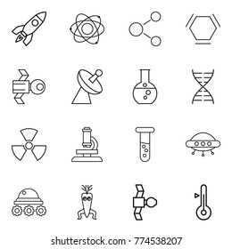 Thin line icon set : rocket, atom, molecule, hex, satellite, antenna, round flask, dna, nuclear, microscope, vial, ufo, lunar rover, modify, thermometer