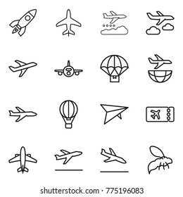 Thin line icon set : rocket, plane, weather management, journey, parachute delivery, shipping, air ballon, deltaplane, ticket, airplane, departure, arrival, wasp