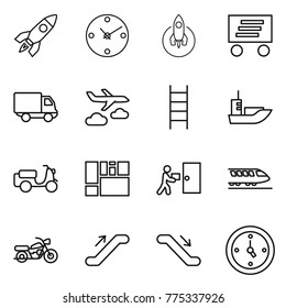 Thin line icon set : rocket, clock, delivery, journey, stairs, sea shipping, scooter, consolidated cargo, courier, train, motorcycle, escalator, watch