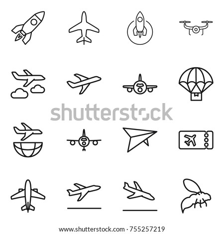 thin line icon set : rocket, plane, drone, journey, parachute delivery, shipping, deltaplane, ticket, airplane, departure, arrival, wasp