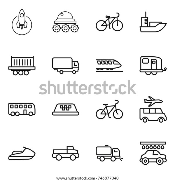 thin line icon set : rocket, lunar rover, bike, sea\
shipping, truck, train, trailer, bus, taxi, transfer, jet ski,\
pickup, sweeper, car wash