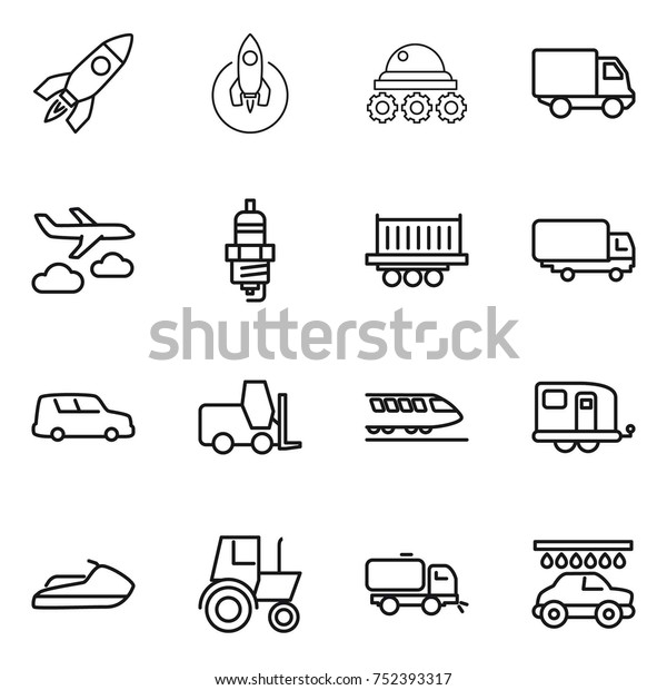 thin line icon set : rocket, lunar rover,\
delivery, journey, spark plug, truck shipping, car, fork loader,\
train, trailer, jet ski, tractor, sweeper,\
wash