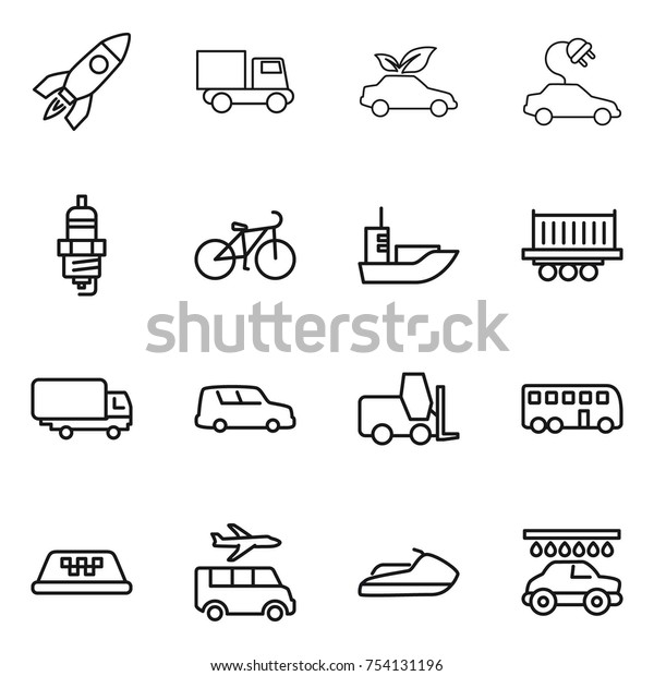 thin line icon set : rocket, truck, eco car,\
electric, spark plug, bike, sea shipping, fork loader, bus, taxi,\
transfer, jet ski, wash