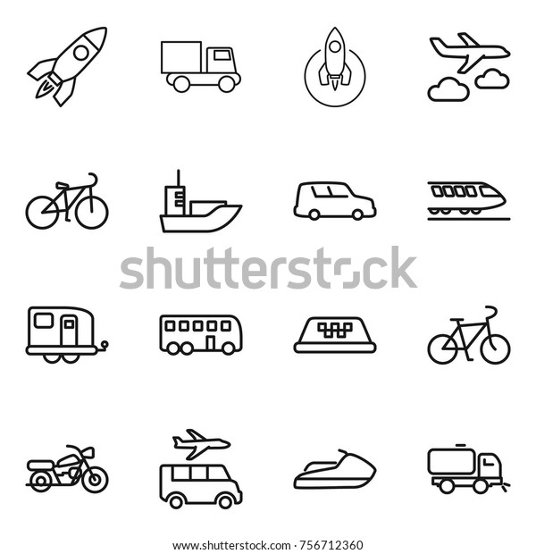 thin line icon set : rocket, truck, journey,\
bike, sea shipping, car, train, trailer, bus, taxi, motorcycle,\
transfer, jet ski,\
sweeper