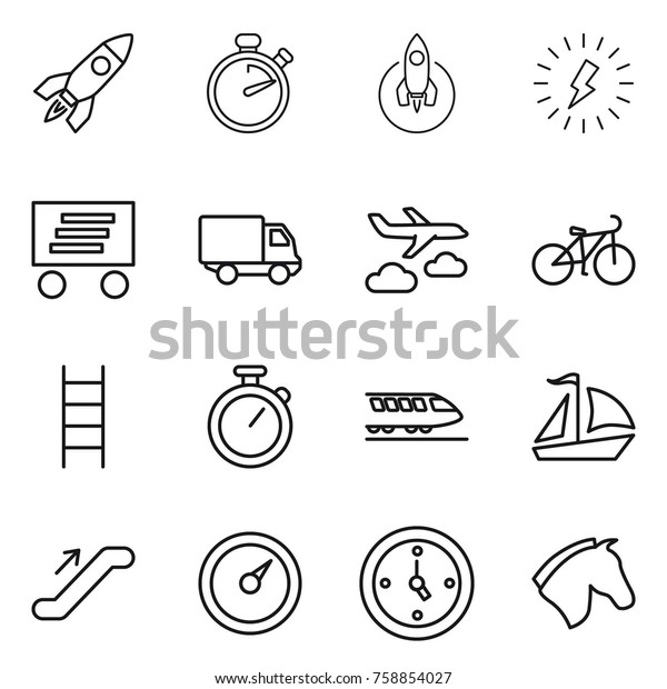 Thin line icon set : rocket, stopwatch, lightning,\
delivery, journey, bike, stairs, train, sail boat, escalator,\
barometer, watch, horse