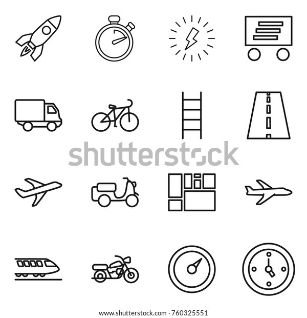 Thin line icon set : rocket,\
stopwatch, lightning, delivery, bike, stairs, road, plane, scooter\
shipping, consolidated cargo, train, motorcycle, barometer,\
watch