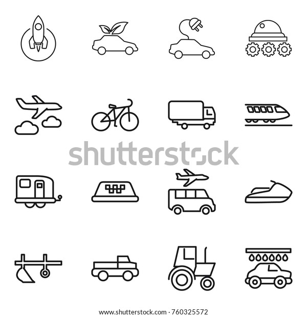 Thin line icon set : rocket, eco\
car, electric, lunar rover, journey, bike, shipping, train,\
trailer, taxi, transfer, jet ski, plow, pickup, tractor,\
wash