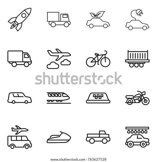 Thin line icon set : rocket, truck, eco\
car, electric, delivery, journey, bike, shipping, train, taxi,\
motorcycle, transfer, jet ski, pickup,\
wash