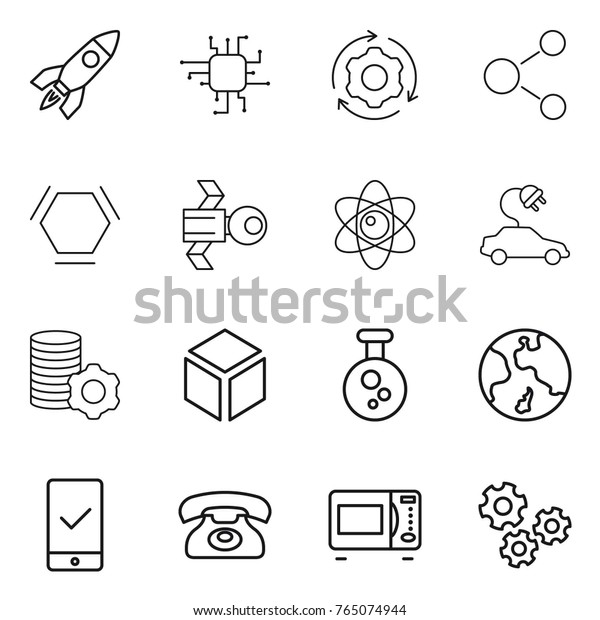 Thin line\
icon set : rocket, chip, around gear, molecule, hex, satellite,\
atom, electric car, virtual mining, 3d, chemical, earth, mobile\
checking, phone, microwave oven,\
gears