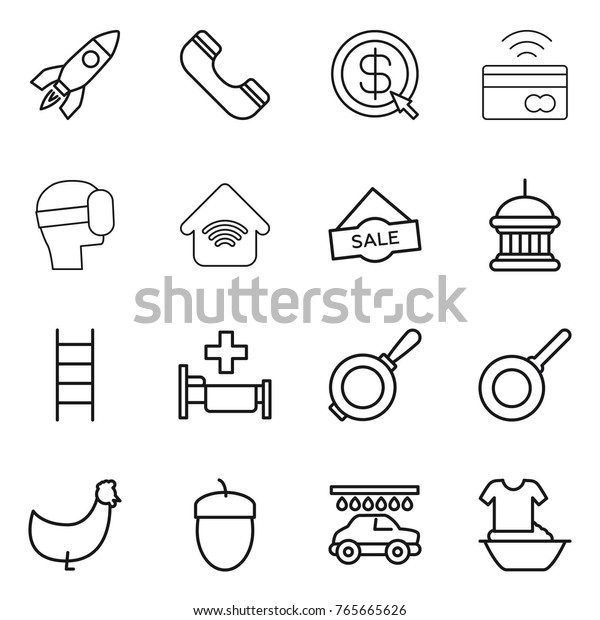 Thin line icon\
set : rocket, phone, dollar arrow, tap to pay, virtual mask,\
wireless home, sale, goverment house, stairs, hospital, pan,\
chicken, acorn, car wash, handle\
washing