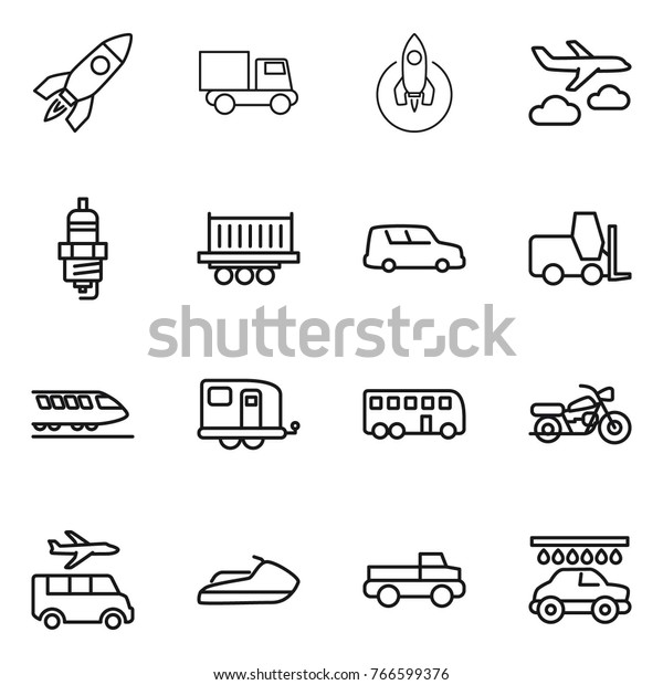 Thin line icon set : rocket, truck, journey,\
spark plug, shipping, car, fork loader, train, trailer, bus,\
motorcycle, transfer, jet ski, pickup,\
wash