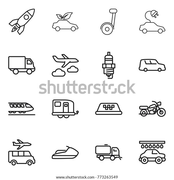Thin line icon set :\
rocket, eco car, segway, electric, delivery, journey, spark plug,\
shipping, train, trailer, taxi, motorcycle, transfer, jet ski,\
sweeper, wash