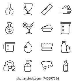 thin line icon set : round flask, wineglass, level, acid, chemical, cocktail, washing, measuring cup, drop, sponge, shampoo, dish cleanser, liquid soap, spot, toilet