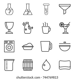 thin line icon set : round flask, vial, funnel, wineglass, cleanser, hot drink, cocktail, washing machine, cup, cauldron, measuring, barrel, drop, sponge