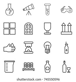 thin line icon set : round flask, telescope, vial, smart glasses, window, arch, fragile, cargo top sign, acid, sand clock, bulb, vegetable oil, measuring cup, spices, ketchup, wine