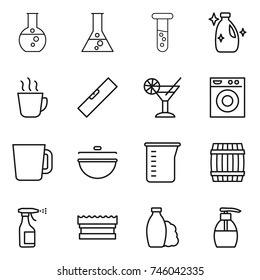 thin line icon set : round flask, vial, cleanser, hot drink, level, cocktail, washing machine, cup, cauldron, measuring, barrel, sprayer, sponge, shampoo, liquid soap