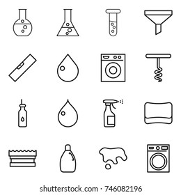 thin line icon set : round flask, vial, funnel, level, drop, washing machine, corkscrew, vegetable oil, sprayer, sponge, cleanser, spot