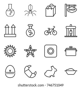 thin line icon set : round flask, virus, shopping bag, shop signboard, cargo top sign, chemical, bike, detector, sun, starfish, ring button, pan, egg timer, croissant, rabbit, foam basin