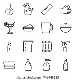 thin line icon set : round flask, cleanser, level, acid, cocktail, washing, cup, cauldron, vegetable oil, measuring, barrel, sprayer, sponge, liquid soap, toilet