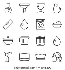 thin line icon set : round flask, funnel, wineglass, hot drink, level, drop, washing machine, cauldron, measuring cup, barrel, sprayer, sponge, dish cleanser