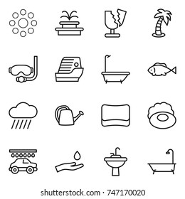 thin line icon set : round around, fountain, broken, palm, diving mask, cruise ship, bath, fish, rain cloud, watering can, sponge, soap, car wash, hand and drop, water tap sink