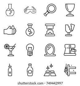 thin line icon set : round flask, smart glasses, magnifier, wineglass, acid, chemical, sand clock, broken, cocktail, bulb, mirror, coffee maker, vegetable oil, ketchup, clean floor