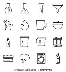 thin line icon set : round flask, vial, funnel, cleanser, drop, cup, cauldron, vegetable oil, measuring, barrel, sponge, spot, washing machine, toilet