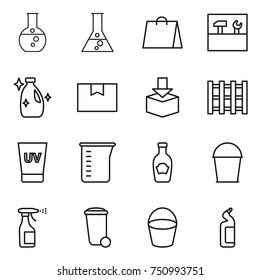thin line icon set : round flask, shopping bag, tools, cleanser, package box, pallet, uv cream, measuring cup, ketchup, bucket, sprayer, trash bin, toilet
