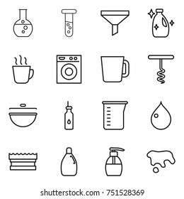 thin line icon set : round flask, vial, funnel, cleanser, hot drink, washing machine, cup, corkscrew, cauldron, vegetable oil, measuring, drop, sponge, liquid soap, spot