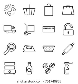 thin line icon set : round around, basket, shopping bag, delivery, cargo stoller, bunker, unlock, search, iron, colander, rolling pin, double boiler, ketchup, coffee seeds, sprayer
