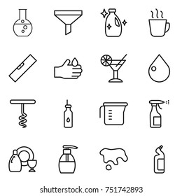 thin line icon set : round flask, funnel, cleanser, hot drink, level, acid, cocktail, drop, corkscrew, vegetable oil, measuring cup, sprayer, dish, liquid soap, spot, toilet