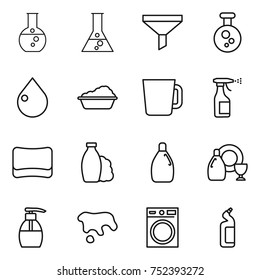 thin line icon set : round flask, funnel, chemical, drop, washing, cup, sprayer, sponge, shampoo, cleanser, dish, liquid soap, spot, machine, toilet