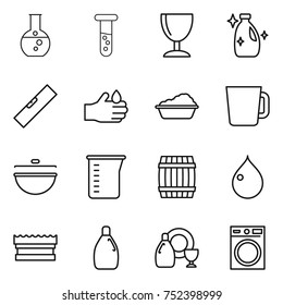 thin line icon set : round flask, vial, wineglass, cleanser, level, acid, washing, cup, cauldron, measuring, barrel, drop, sponge, dish, machine