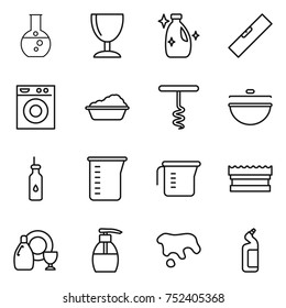 thin line icon set : round flask, wineglass, cleanser, level, washing machine, corkscrew, cauldron, vegetable oil, measuring cup, sponge, dish, liquid soap, spot, toilet