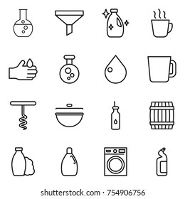 thin line icon set : round flask, funnel, cleanser, hot drink, acid, chemical, drop, cup, corkscrew, cauldron, vegetable oil, barrel, shampoo, washing machine, toilet