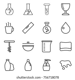thin line icon set : round flask, vial, wineglass, hot drink, level, chemical, drop, corkscrew, cauldron, measuring cup, sponge, shampoo, cleanser, liquid soap, spot
