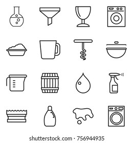 Thin line icon set : round flask, funnel, wineglass, washing machine, cup, corkscrew, cauldron, measuring, barrel, drop, sprayer, sponge, cleanser, spot