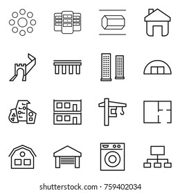 Thin line icon set : round around, server, nano tube, home, greate wall, bridge, skyscrapers, hangare, modern architecture, modular house, tower crane, plan, garage, washing machine, hierarchy