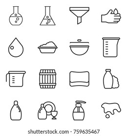Thin line icon set : round flask, funnel, acid, drop, washing, cauldron, measuring cup, barrel, sponge, shampoo, cleanser, dish, liquid soap, spot