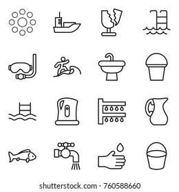 Thin line icon set : round around, sea shipping, broken, pool, diving mask, surfer, sink, bucket, kettle, watering, jug, fish, water tap, hand drop