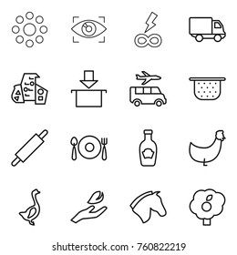 Thin line icon set : round around, eye identity, infinity power, delivery, modern architecture, package, transfer, colander, rolling pin, fork spoon plate, ketchup, chicken, goose, hand leaf, horse