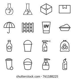 Thin line icon set : round flask, box, package, dry cargo, pallet, uv cream, washing, ketchup, bucket, sprayer, garbage bag, trash bin, liquid soap, toilet cleanser