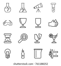 Thin line icon set : round flask, telescope, vial, smart glasses, wineglass, fragile, acid, sand clock, cargo search, broken, cocktail, bulb, vegetable oil, measuring cup, skyscrapers cleaning
