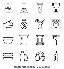 Thin line icon set : round flask, vial, wineglass, acid, chemical, cocktail, washing machine, cauldron, measuring cup, barrel, sprayer, sponge, shampoo, dish cleanser, toilet